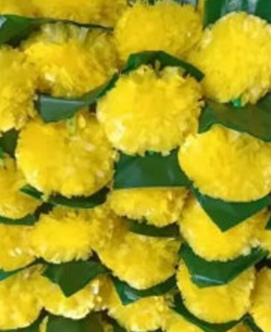 Artificial Marigold Fluffy Flowers Garlands for Decoration - Pack of 5 (Yellow with Green Leaves)
