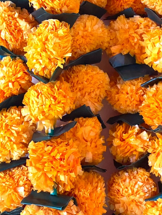 Artificial Marigold Fluffy Flowers Garlands For Decoration – Pack Of 5 (Light Orange With Green Leaves)