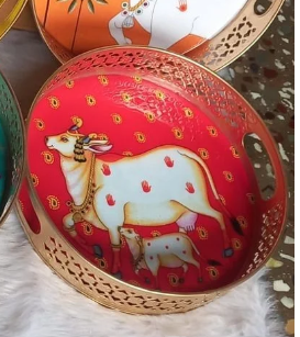 Set Of Exquisite Round Metal Trays With Pichwai Art, Nandi Cow Design Home Decor