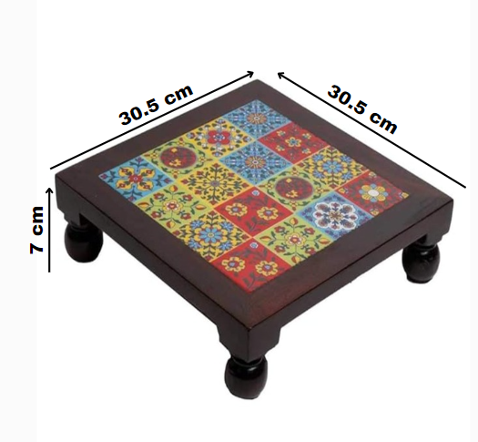 Wooden Pooja Chowki/Multicolor Puja Chowki/Tiles Chowki/Handcrafted Bajot/Puja Stool/Handmade Chowki/Wooden Handmade Bajot/Puja Bajot