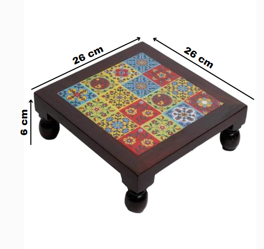 Wooden Pooja Chowki/Multicolor Puja Chowki/Tiles Chowki/Handcrafted Bajot/Puja Stool/Handmade Chowki/Wooden Handmade Bajot/Puja Bajot