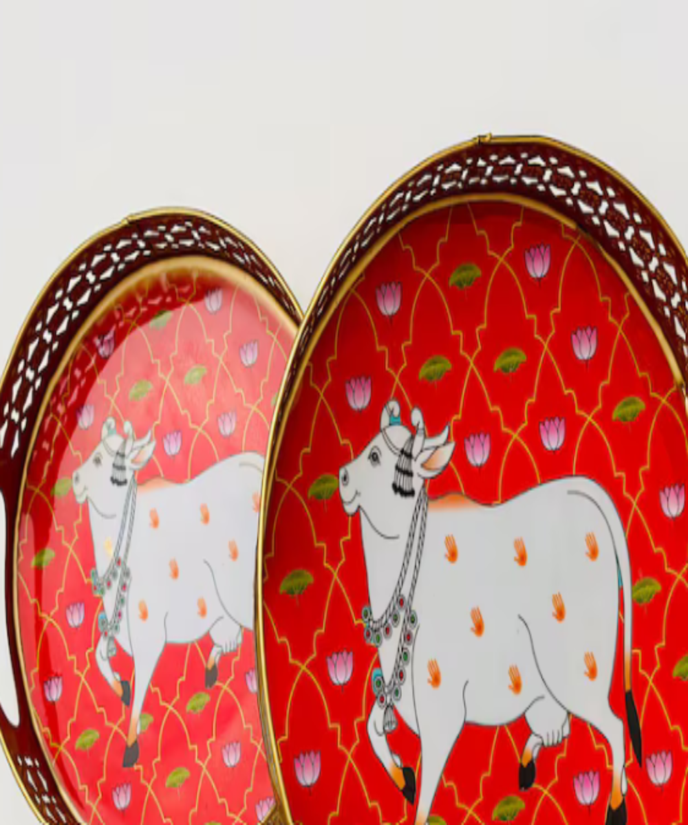 Set Of Exquisite Round Metal Trays With Pichwai Art, Nandi Cow Design Home Decor