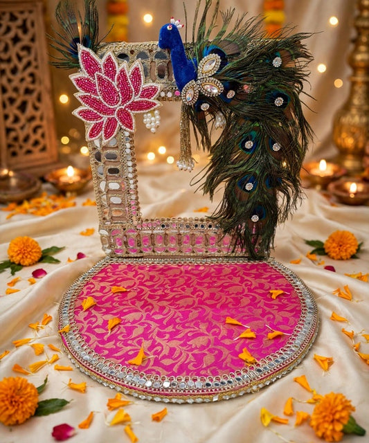 Designer Peacock Feather Backdrop Singhasan for Ganesha & Laddu Gopal