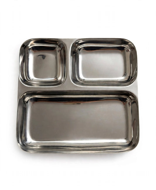 Stainless Steel 3 Compartment Thali | Pav Bhaji, Idli, Breakfast Plate