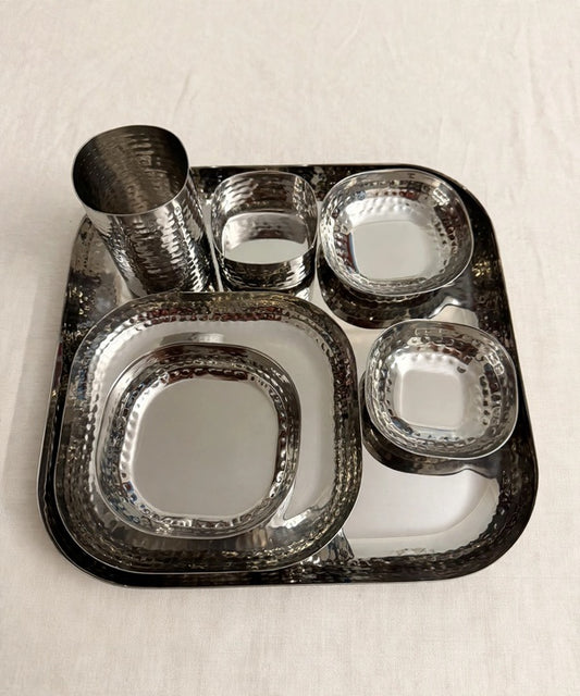 Stainless Steel Hammered Thali Set 6 Pcs