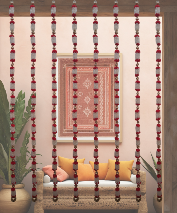 Artificial Jasmine Bud Garland with Pom-Poms & Bells – Decorative Toran for Home & Housewarming