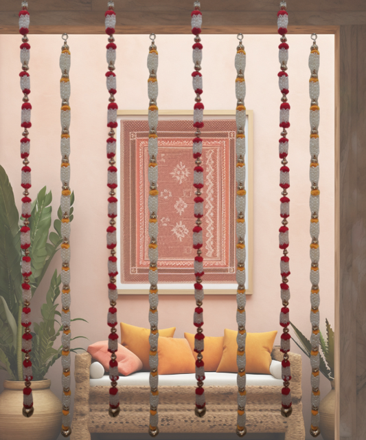 Artificial Jasmine Bud Garland with Pom-Poms & Bells – Decorative Toran for Home & Housewarming