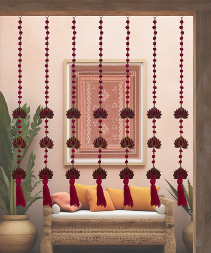 Red Lotus Hanging Toran String with Beads & Tassel – Traditional Indian Wall Decor 1Pair