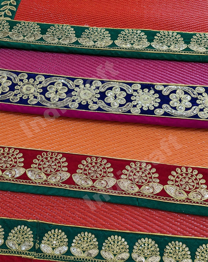 Red Nylon Handmade Chatai/Mat with Green & Golden sequins work on the Trim/Lace 72x48 (in inch)