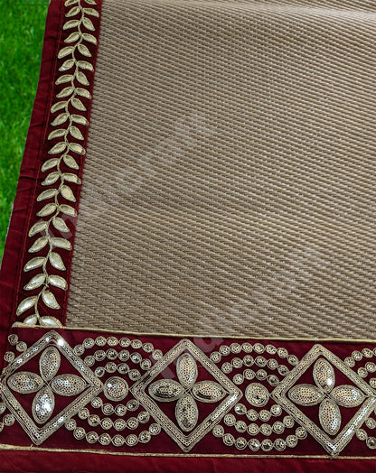 Red Nylon Handmade Chatai/Mat with Green & Golden sequins work on the Trim/Lace 72x48 (in inch)