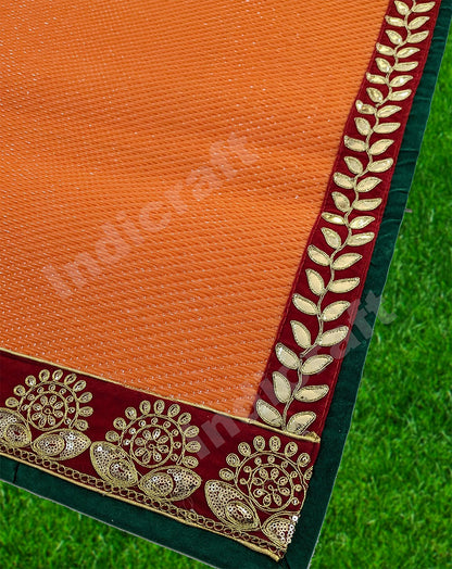 Red Nylon Handmade Chatai/Mat with Green & Golden sequins work on the Trim/Lace 72x48 (in inch)
