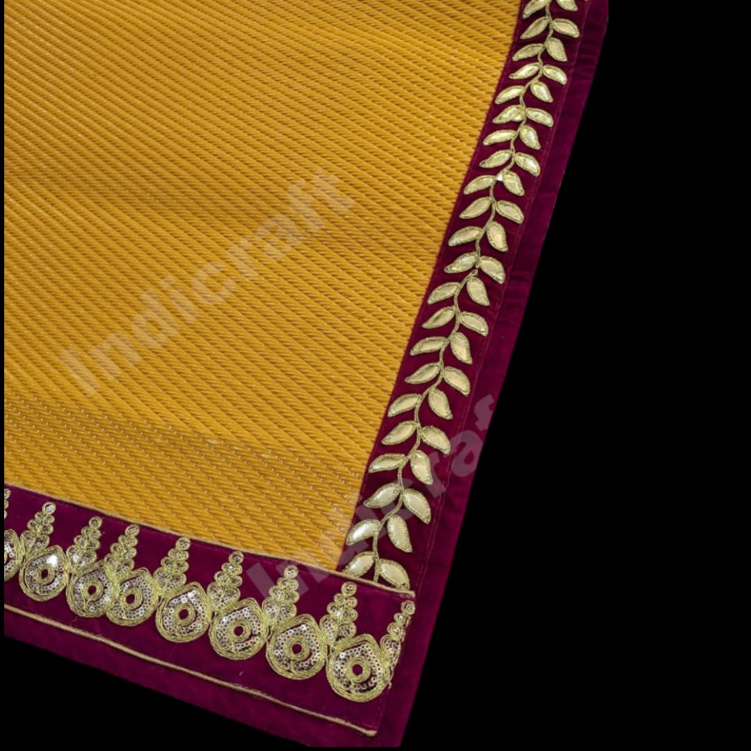 Yellow Nylon Handmade Chatai/Mat with Pink & Golden sequins work on the Trim/Lace 24x24 (in inch)