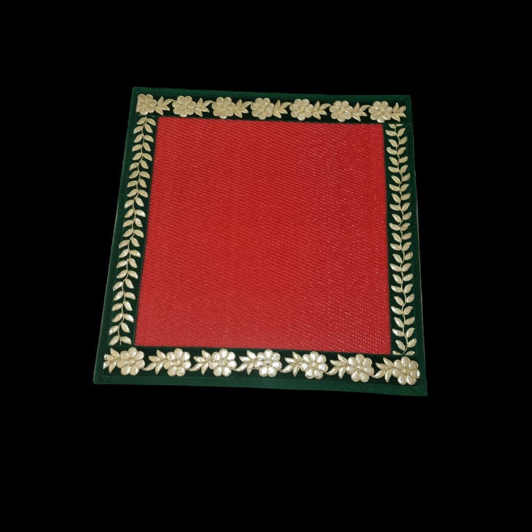 Red Nylon Handmade Chatai/Mat with Green & Golden sequins work on the Trim/Lace 24x24 (in inch)