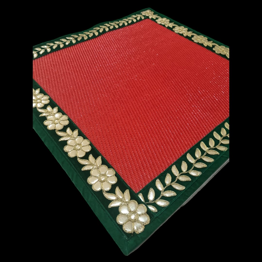 Red Nylon Handmade Chatai/Mat with Green & Golden sequins work on the Trim/Lace 24x24 (in inch)