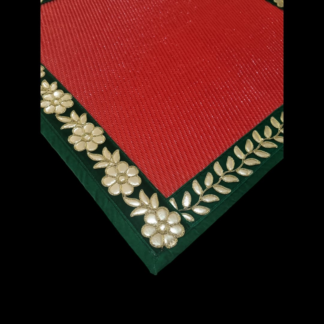 Red Nylon Handmade Chatai/Mat with Green & Golden sequins work on the Trim/Lace 24x24 (in inch)