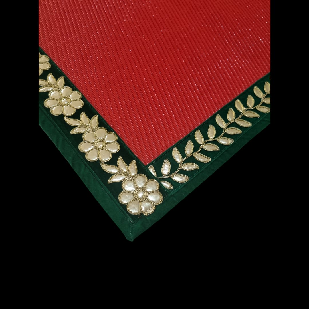 Red Nylon Handmade Chatai/Mat with Green & Golden sequins work on the Trim/Lace 24x24 (in inch)