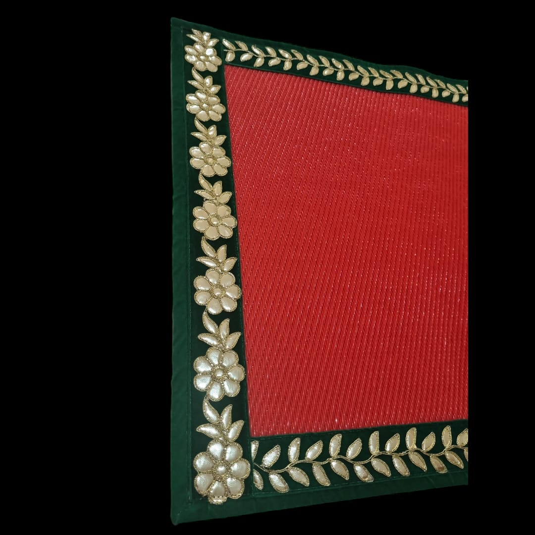 Red Nylon Handmade Chatai/Mat with Green & Golden sequins work on the Trim/Lace 24x24 (in inch)