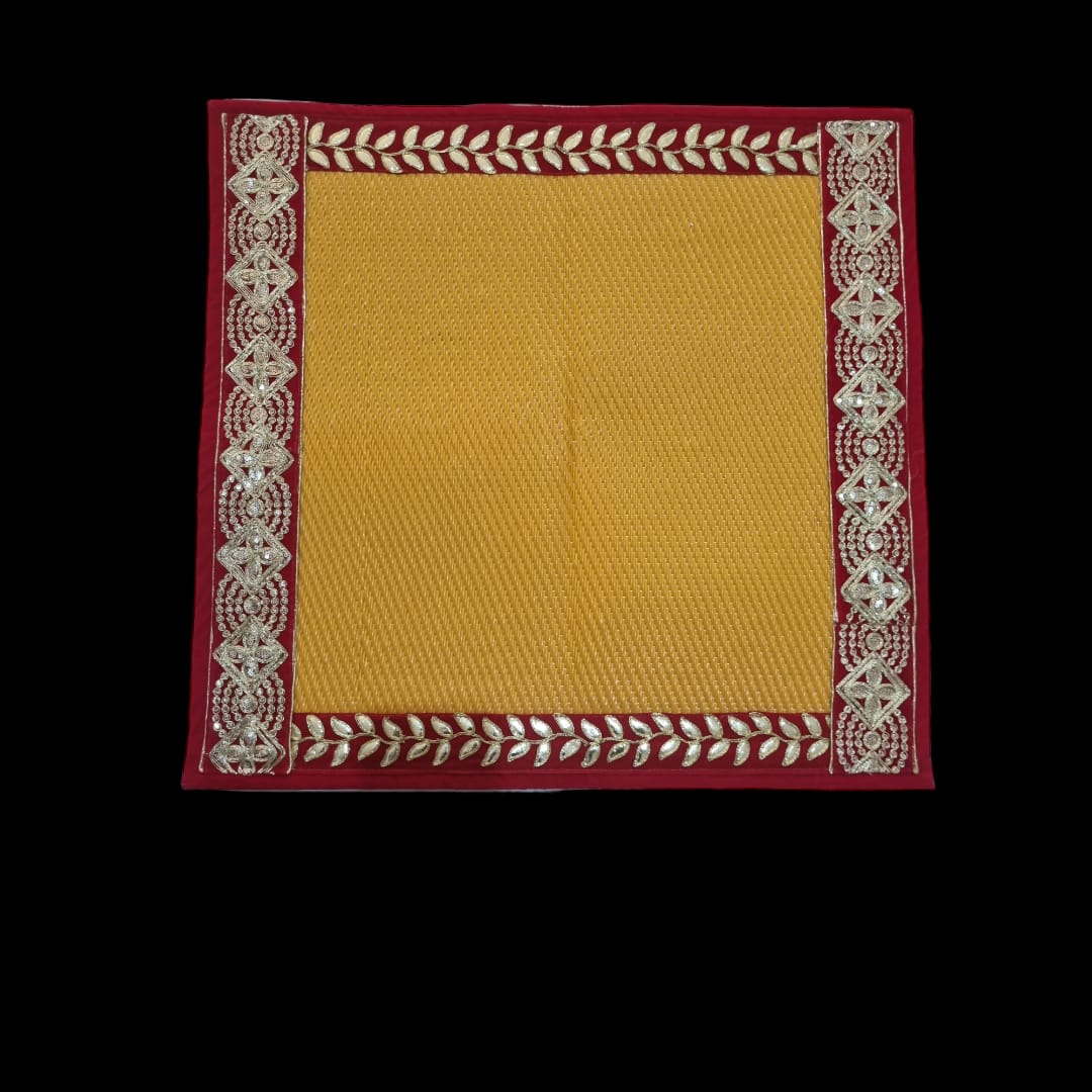 Yellow Nylon Handmade Chatai/Mat with Red & Golden sequins work on the Trim/Lace 24x24 (in inch)