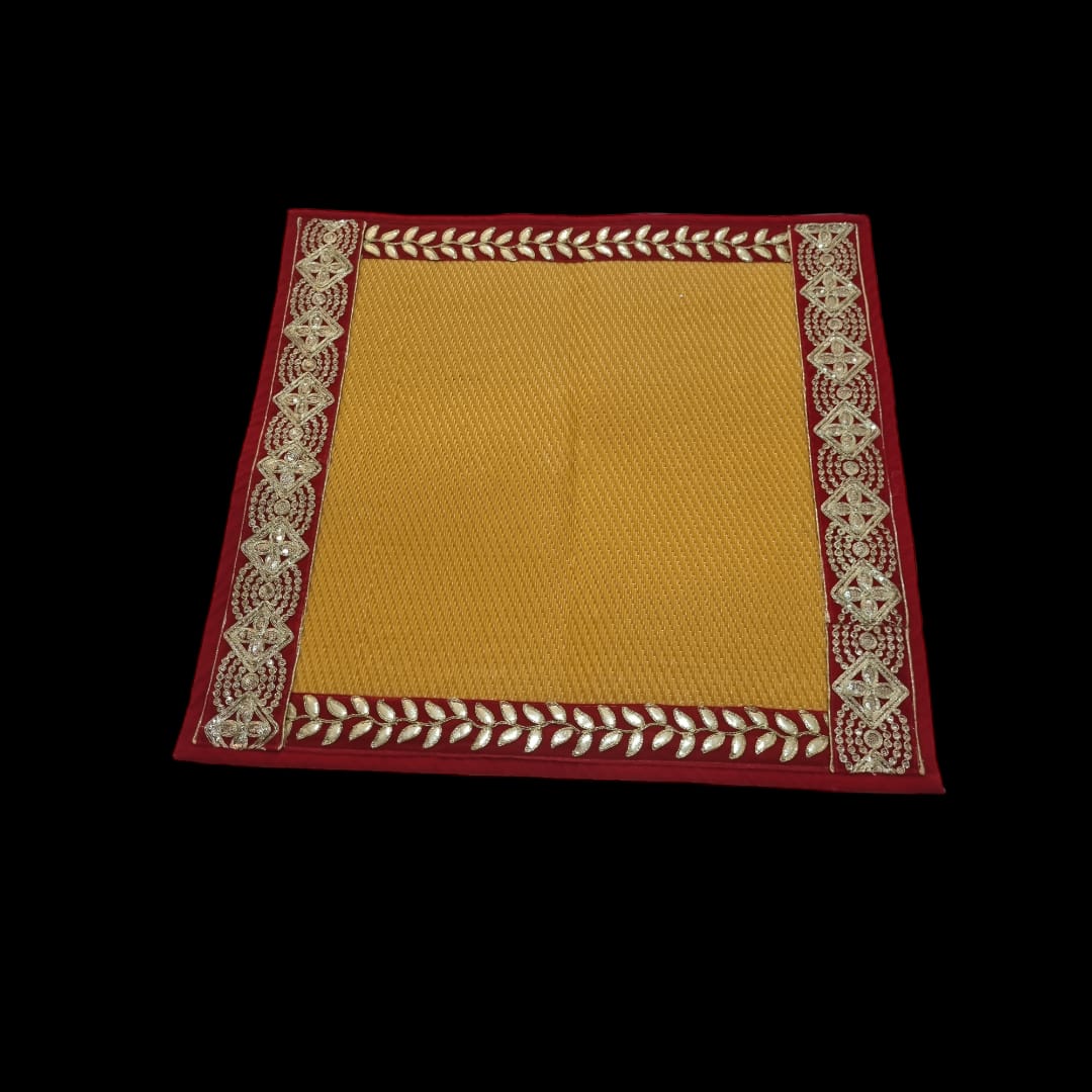 Yellow Nylon Handmade Chatai/Mat with Red & Golden sequins work on the Trim/Lace 24x24 (in inch)