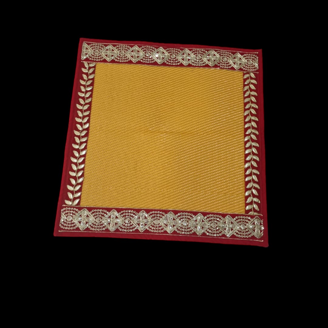 Yellow Nylon Handmade Chatai/Mat with Red & Golden sequins work on the Trim/Lace 24x24 (in inch)