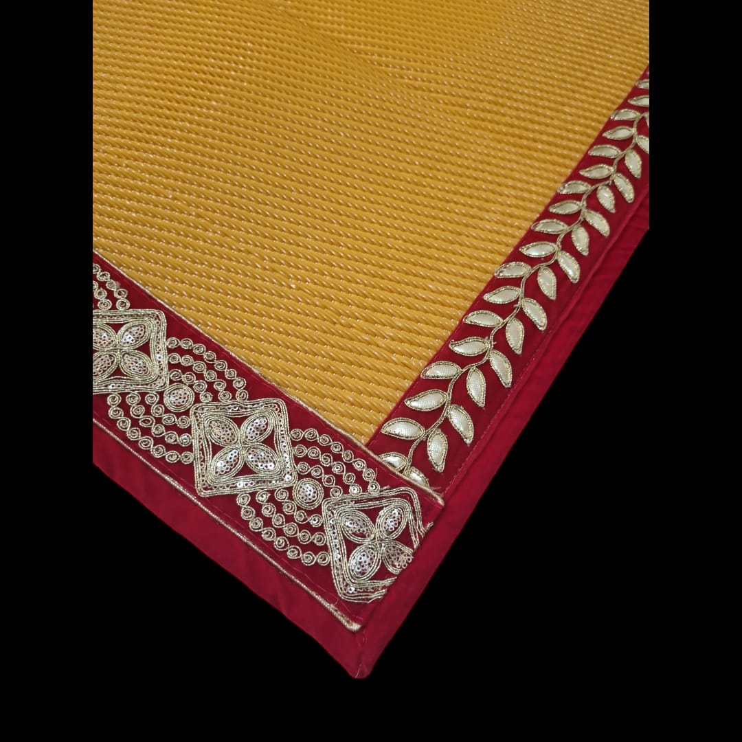 Yellow Nylon Handmade Chatai/Mat with Red & Golden sequins work on the Trim/Lace 24x24 (in inch)