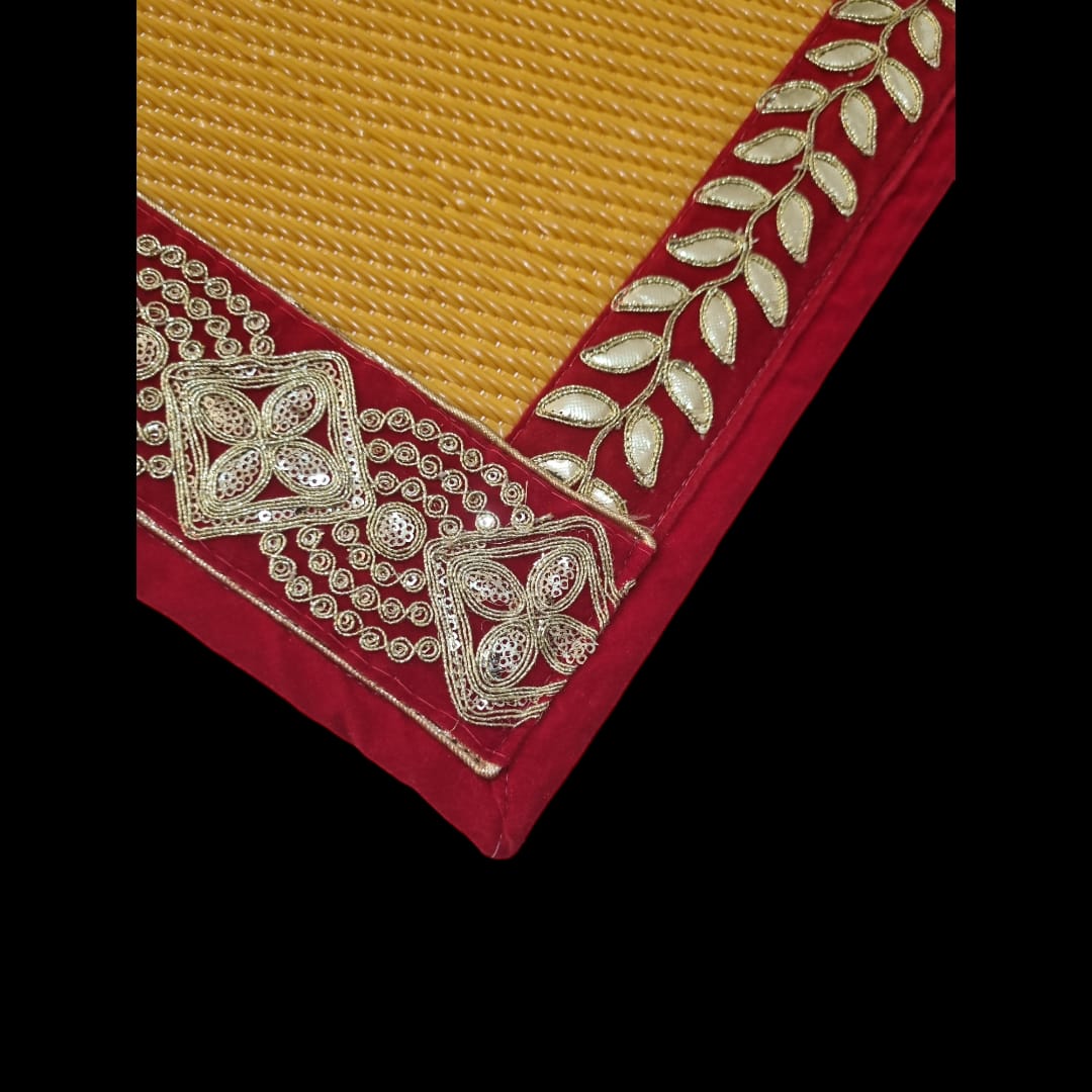 Yellow Nylon Handmade Chatai/Mat with Red & Golden sequins work on the Trim/Lace 24x24 (in inch)