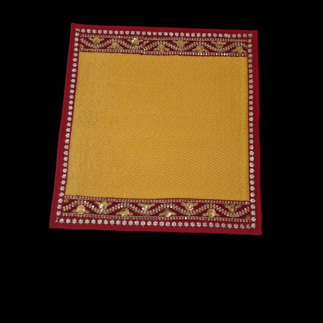 Yellow Nylon Handmade Chatai/Mat with Red & Golden sequins work on the Trim/Lace 24x24 (in inch)