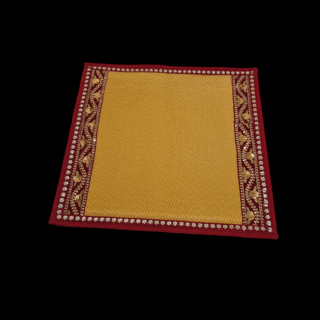 Yellow Nylon Handmade Chatai/Mat with Red & Golden sequins work on the Trim/Lace 24x24 (in inch)