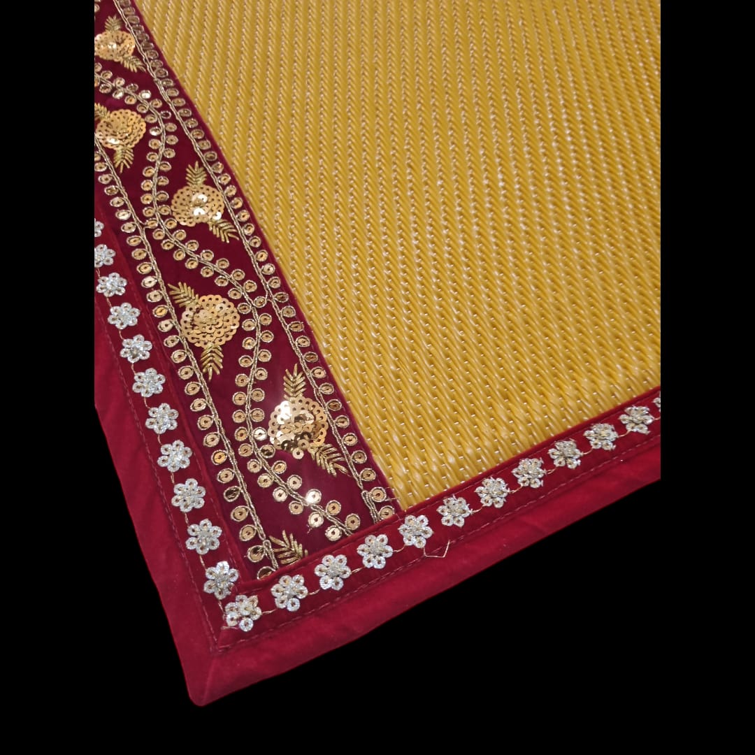 Yellow Nylon Handmade Chatai/Mat with Red & Golden sequins work on the Trim/Lace 24x24 (in inch)