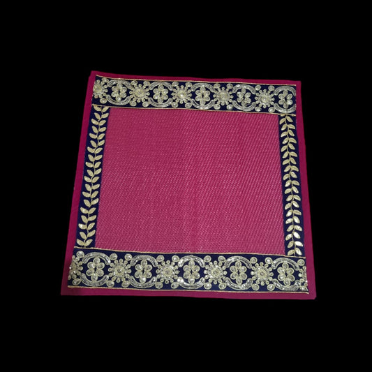 Dark Pink Nylon Handmade Chatai/Mat with Green & Golden sequins work on the Trim/Lace 24x24 (in inch)