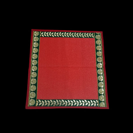 Red Nylon Handmade Chatai/Mat with Green & Golden sequins work on the Trim/Lace 24x24 (in inch)
