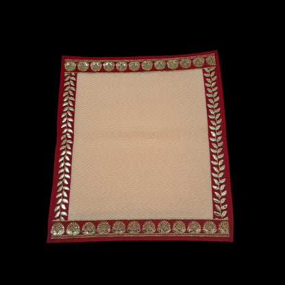 Peach Nylon Handmade Chatai/Mat with Red & Golden sequins work on the Trim/Lace 24x24 (in inch)