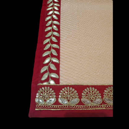 Peach Nylon Handmade Chatai/Mat with Red & Golden sequins work on the Trim/Lace 24x24 (in inch)