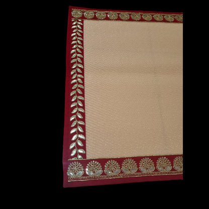 Peach Nylon Handmade Chatai/Mat with Red & Golden sequins work on the Trim/Lace 24x24 (in inch)