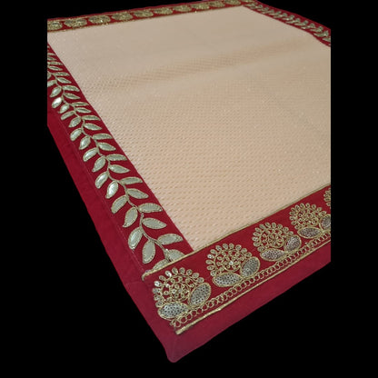 Peach Nylon Handmade Chatai/Mat with Red & Golden sequins work on the Trim/Lace 24x24 (in inch)
