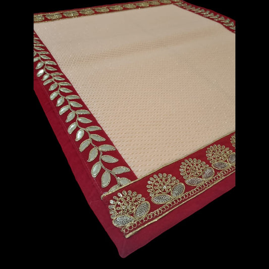Peach Nylon Handmade Chatai/Mat with Red & Golden sequins work on the Trim/Lace 24x24 (in inch)