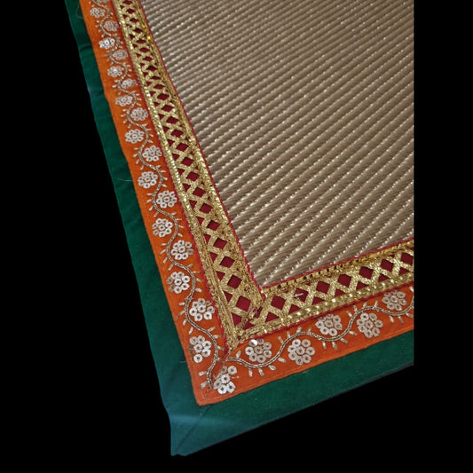 Golden Nylon Handmade Chatai/Mat with Green,Red & Golden sequins work on the Trim/Lace 24x24 (in inch)