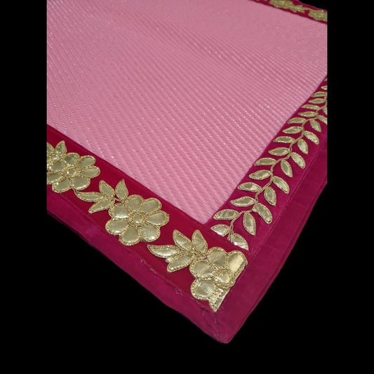 Pink Nylon Handmade Chatai/Mat with Red & Golden sequins work on the Trim/Lace 24x24 (in inch)