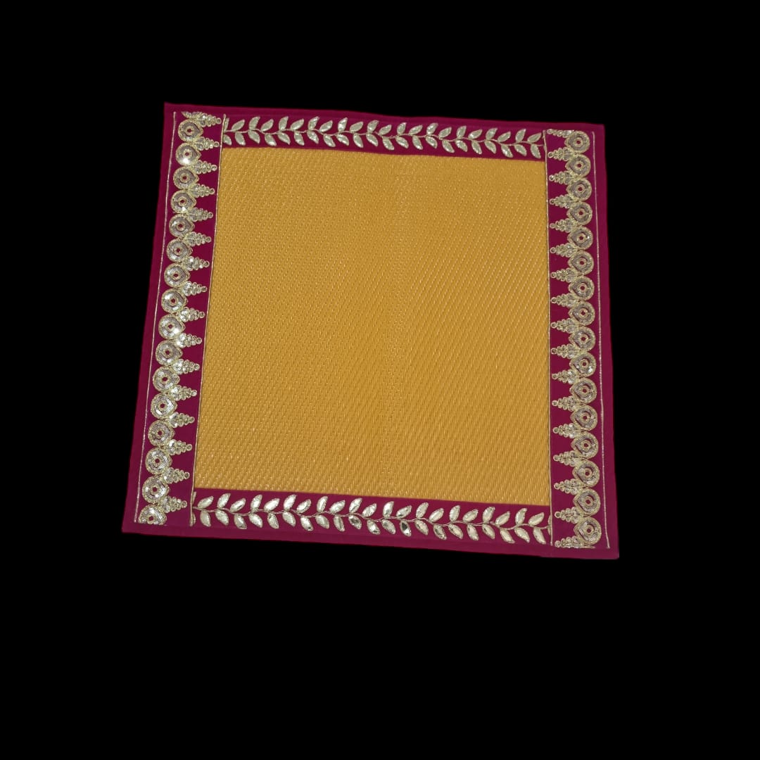 Yellow Nylon Handmade Chatai/Mat with Pink & Golden sequins work on the Trim/Lace 24x24 (in inch)