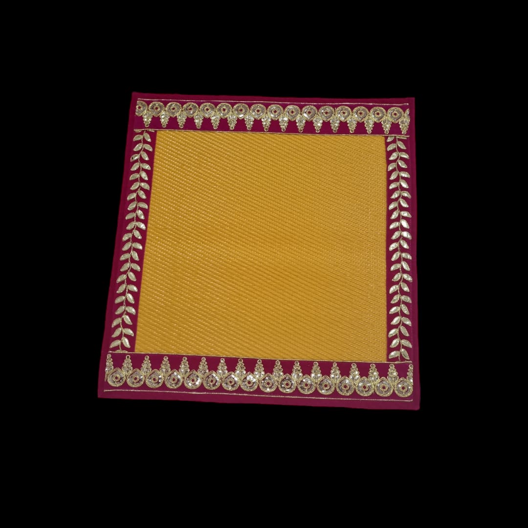 Yellow Nylon Handmade Chatai/Mat with Pink & Golden sequins work on the Trim/Lace 24x24 (in inch)