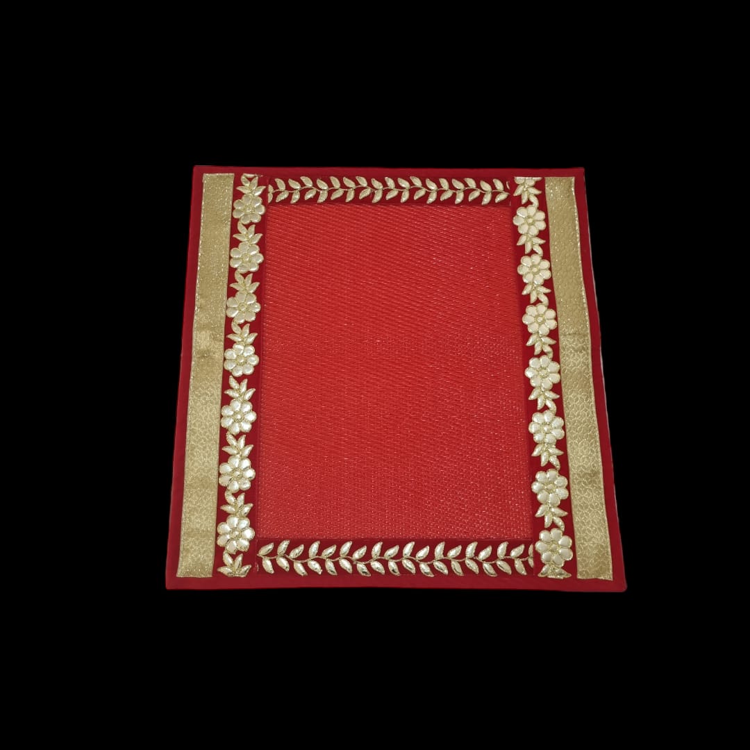 Red Nylon Handmade Chatai/Mat with Red & Golden sequins work on the Trim/Lace 24x24 (in inch)