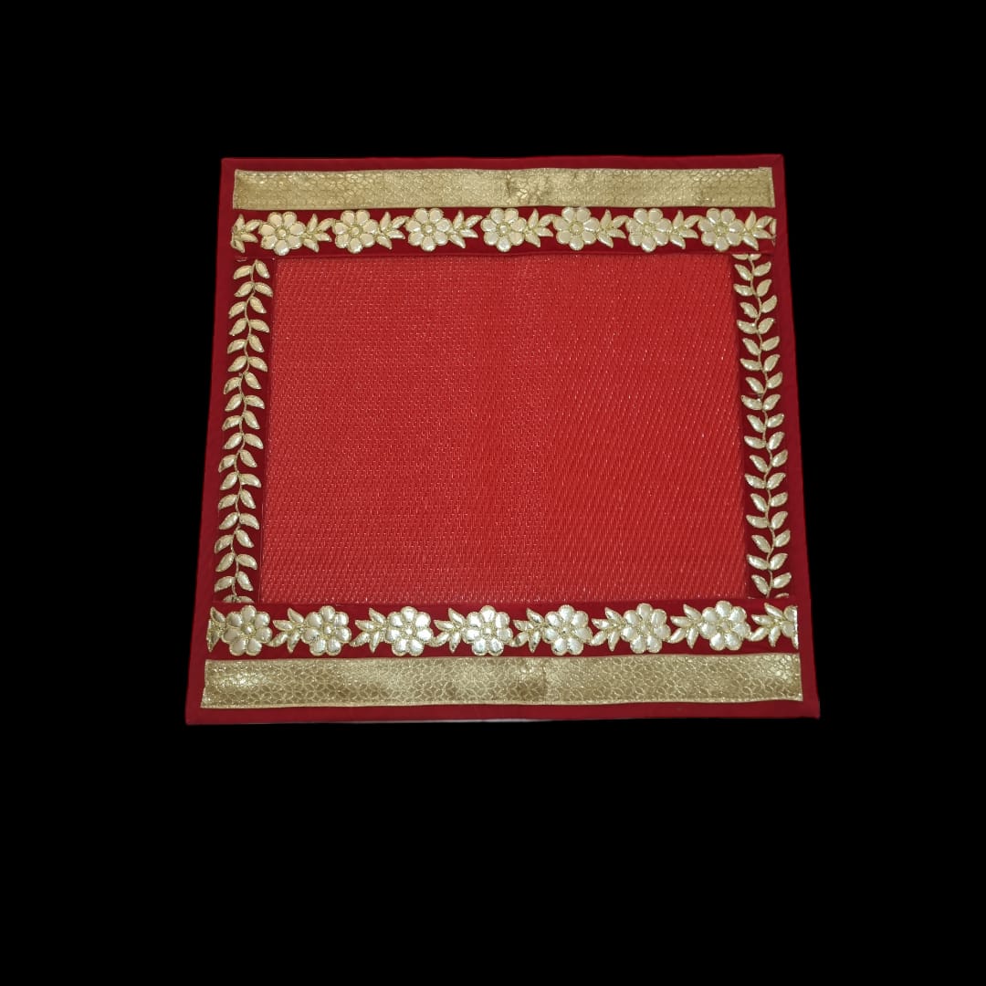 Red Nylon Handmade Chatai/Mat with Red & Golden sequins work on the Trim/Lace 24x24 (in inch)