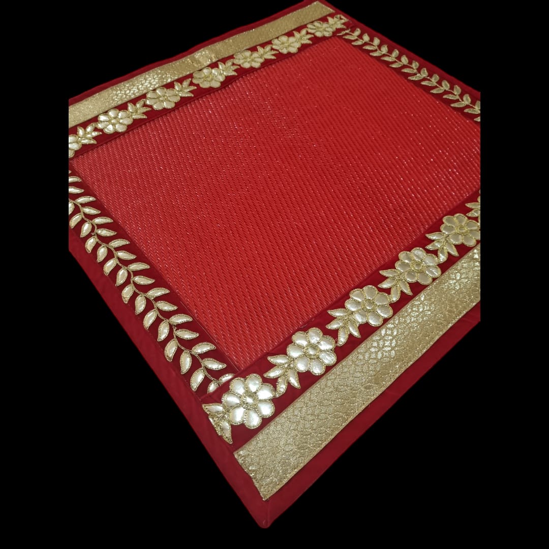 Red Nylon Handmade Chatai/Mat with Red & Golden sequins work on the Trim/Lace 24x24 (in inch)