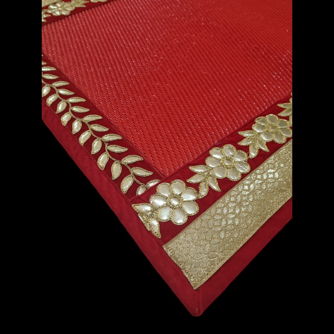 Red Nylon Handmade Chatai/Mat with Red & Golden sequins work on the Trim/Lace 24x24 (in inch)