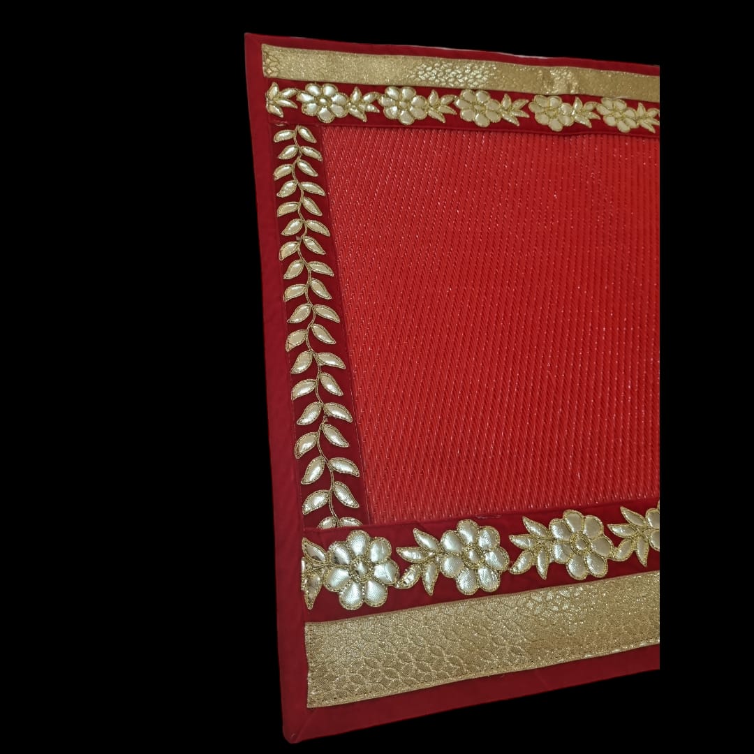 Red Nylon Handmade Chatai/Mat with Red & Golden sequins work on the Trim/Lace 24x24 (in inch)