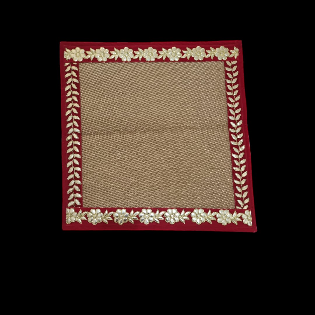 Golden Nylon Handmade Chatai/Mat with Red & Golden sequins work on the Trim/Lace 24x24 (in inch)