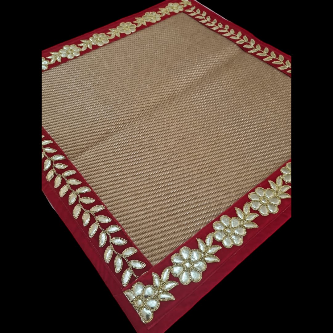 Golden Nylon Handmade Chatai/Mat with Red & Golden sequins work on the Trim/Lace 24x24 (in inch)