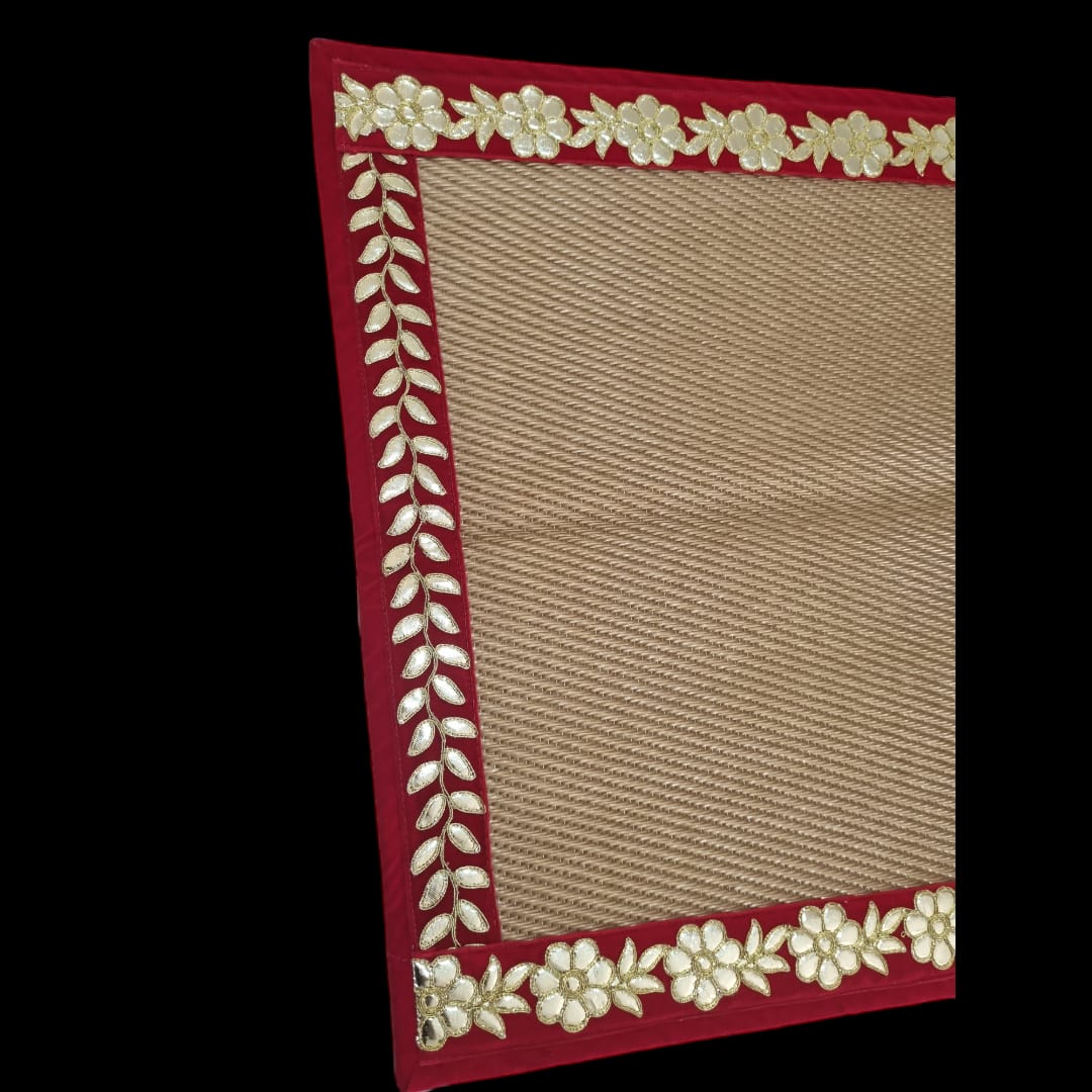 Golden Nylon Handmade Chatai/Mat with Red & Golden sequins work on the Trim/Lace 24x24 (in inch)