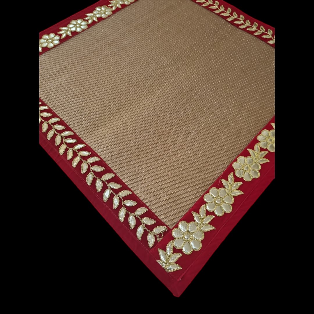 Golden Nylon Handmade Chatai/Mat with Red & Golden sequins work on the Trim/Lace 24x24 (in inch)