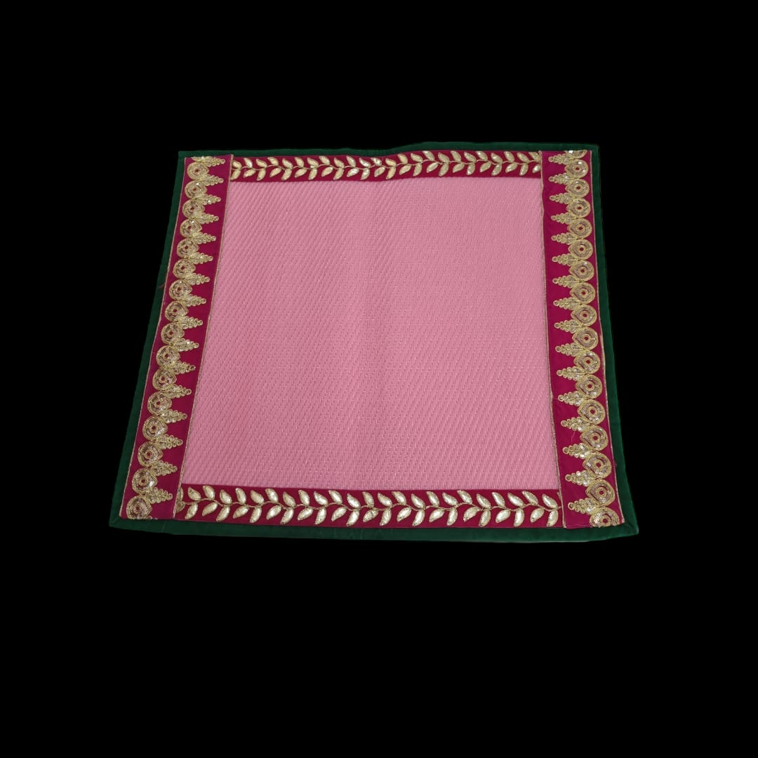 Pink Nylon Handmade Chatai/Mat with Green, Red & Golden sequins work on the Trim/Lace 24x24 (in inch)